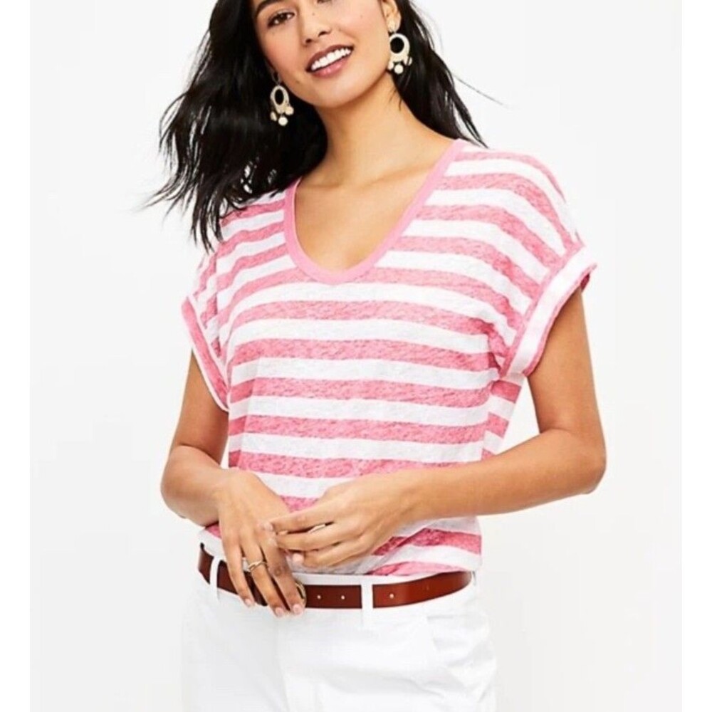 LOFT Size L 100% Linen Striped Shirt Blouse Pink White Striped Tee Coastal EUC